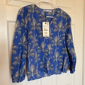 Zara Blue and White Palm Print Blouse